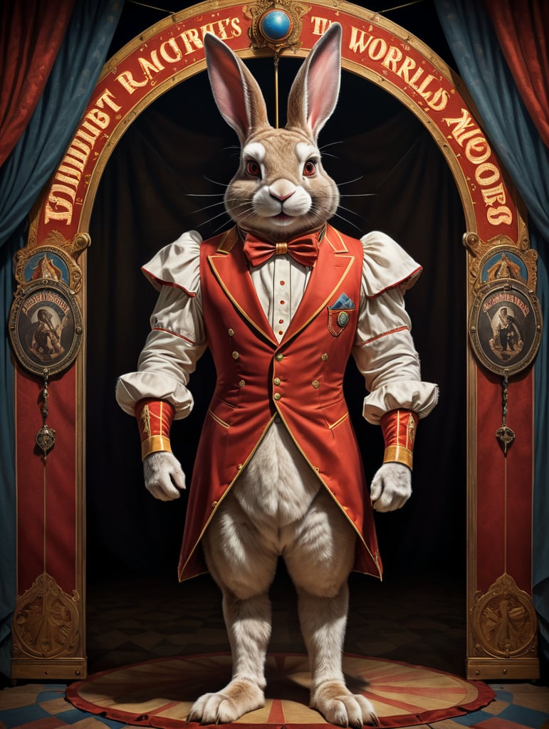 Vintage style circus sideshow poster of a full body anthropomorphic rabbit with the world’s longest ears