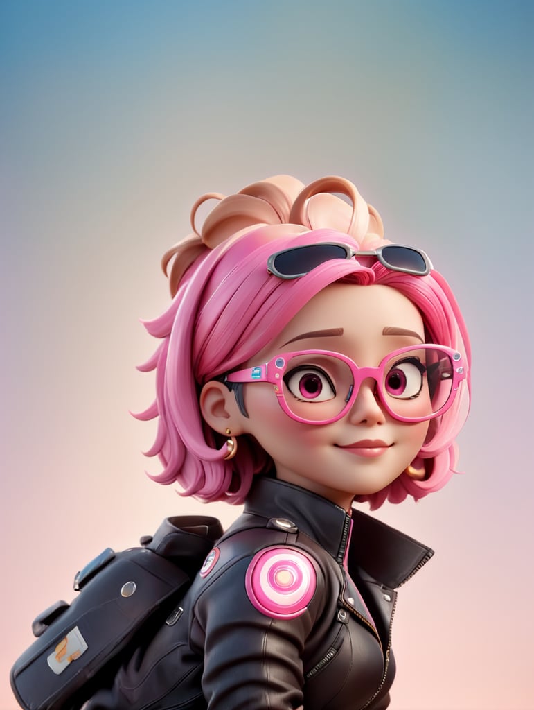 cyborg android, dressed in pink glasses and a leather jacket