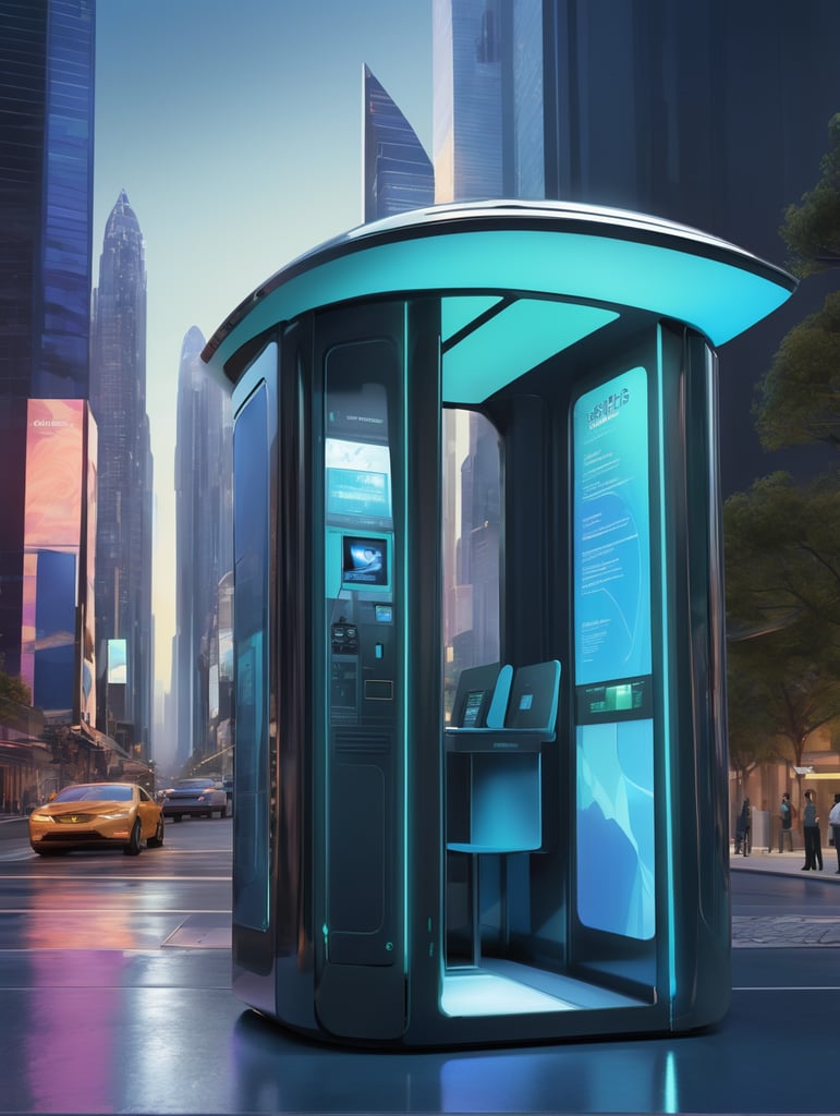 A sleek, state-of-the-art telephone booth with cutting-edge technology and solar power integration, presented through a professional digital illustration style. In the spirit of concept artist Syd Mead, this image showcases a futuristic, cityscape backdrop. The booth exudes minimalism and sophistication with its clean lines and advanced touchscreens. The color palette is a mix of cool, futuristic blues and vibrant, eco-friendly greens. Facial expressions are determined and focused, bathed in the glow of a digitally enhanced atmosphere, demonstrating the embodiment of professionalism in modern technology. --v 5 --stylize 1000