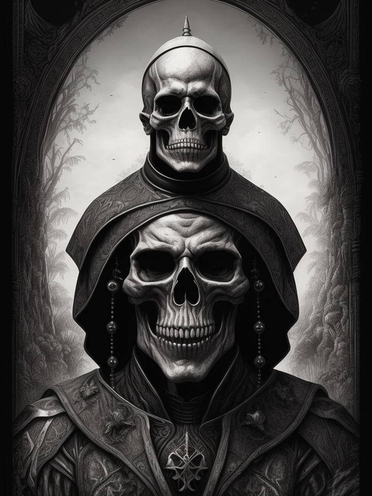 A black and white ink illustration of a scary skeleton pope, very detailed, cross hatching, gig poster, dark art