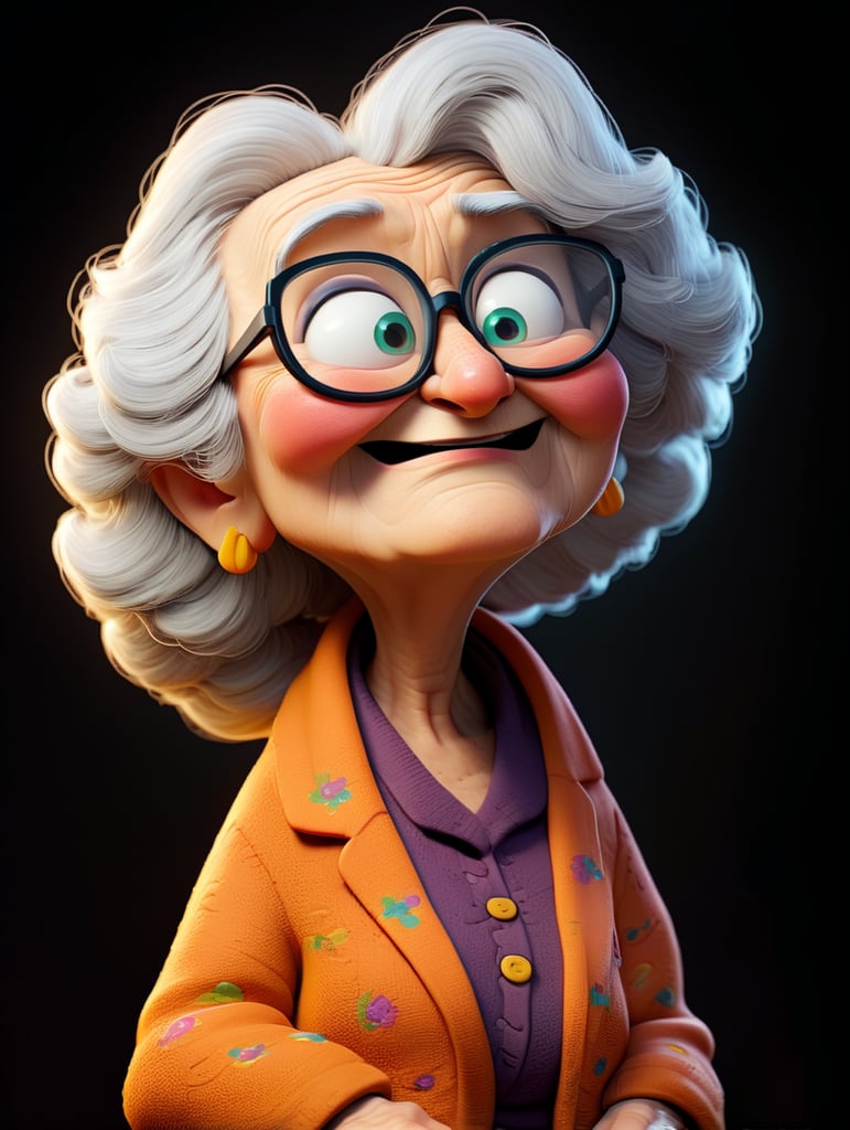 whole body old women character with black glasses, cartoon, isolated, black background sitting in a rocking chair