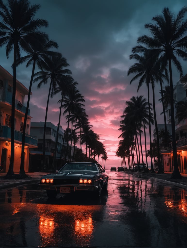 Scarface, rough streets of Miami, palm trees, neon lights, beach, ocean