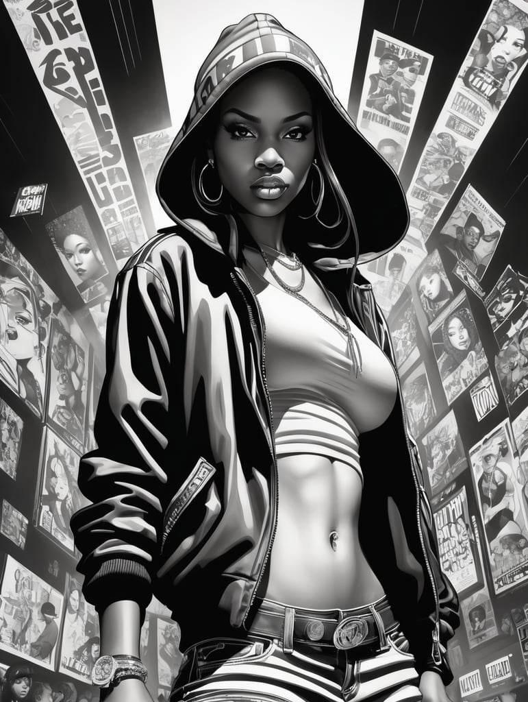 black and white female illustration, hip hop culture, comics art, using light and dark tones, giant exaggerated proportions