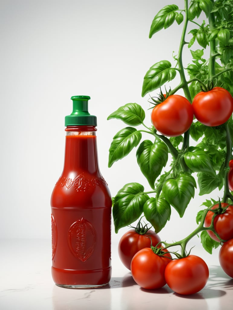 tomato ketchup bottle, red tomato with green leaves, isolated, white background