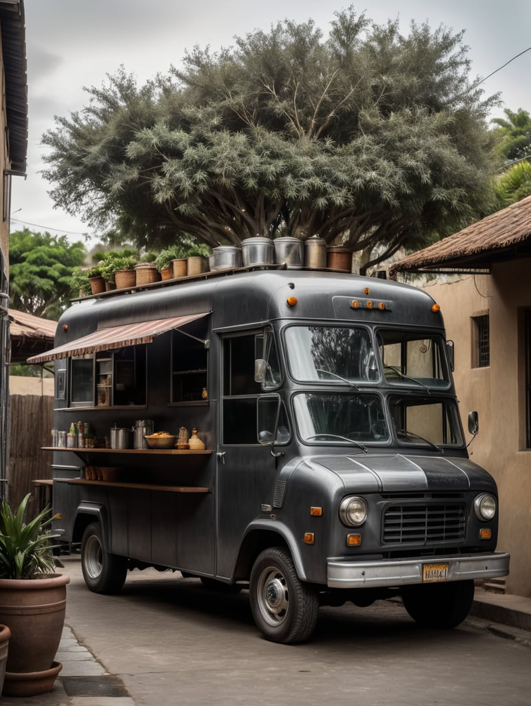 Dark grey vintage food truck standing in a mexican village, muted tones