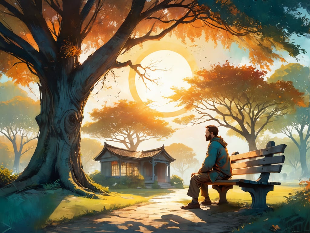 In a serene, sun-dappled garden, a person stands before a graceful willow tree. Their gaze is fixed on a fading, weathered letter in their hand. Nearby, a wooden bench sits beneath the tree's shade, where a figure from their past, now forgiven, awaits with a warm smile. This one frame scene portrays the healing power of forgiveness, illustrating a tale of redemption and renewal.