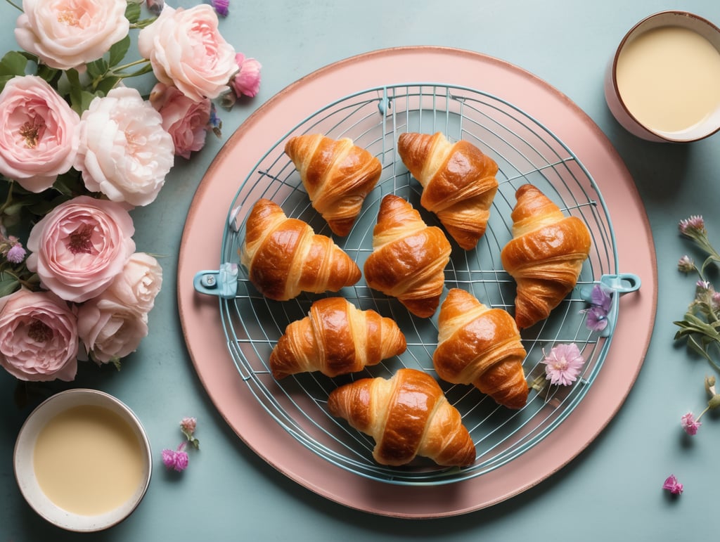 Cookbook photo, top - view, wire cooling rack, croissants, with a floral, allow, banner, pink and pastel blue, farmcore
