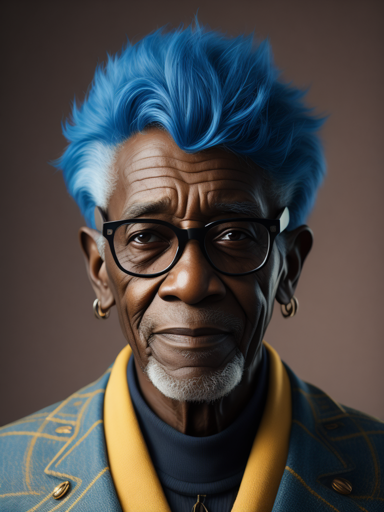 Elderly man with black skin and blue hair wearing glasses