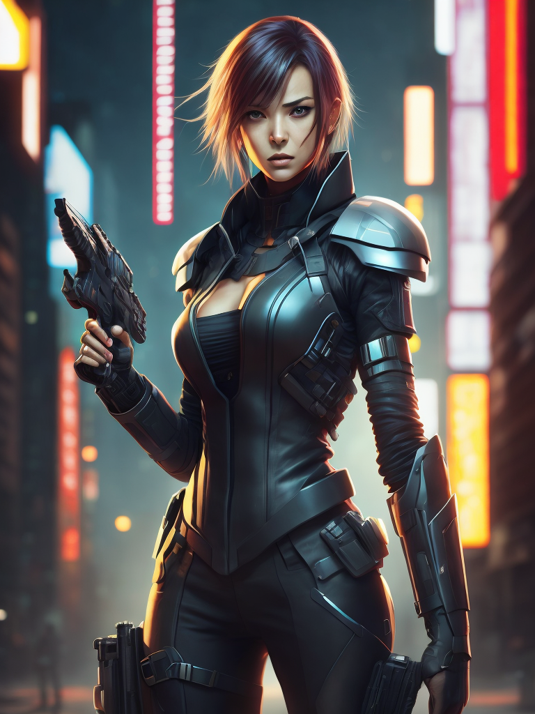 a woman in a futuristic suit holding a gun in her hand, looking at the camera, cyberpunk art, neo-figurative, anime