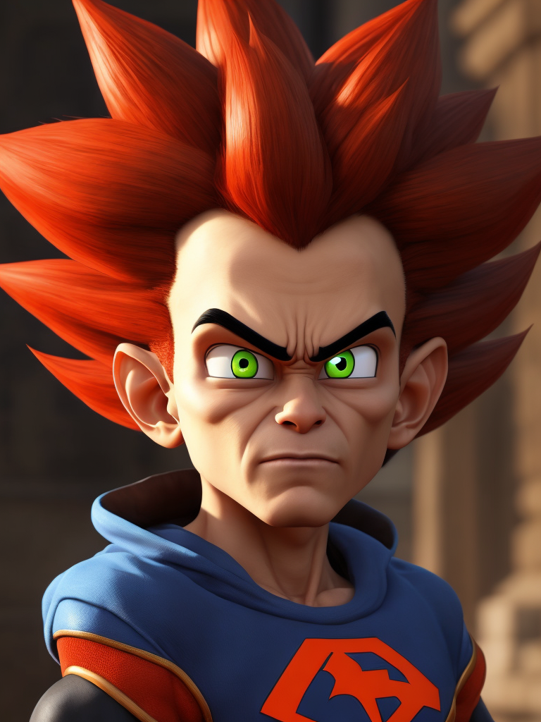 a red son from monkie kid, realistic, red hair, similar to Vegeta (Dragon Ball Z)