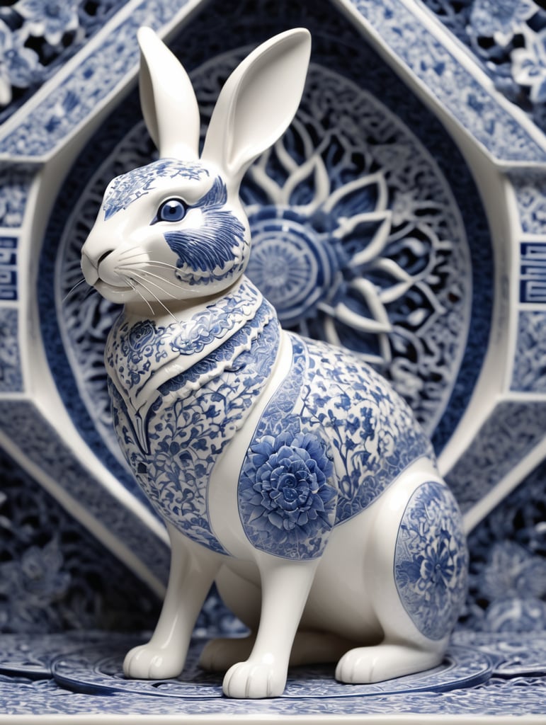 a chinese rabbit made of white ceramic with blue ink, stunning intricate designs, ((geometric and floral patterns, fine art))