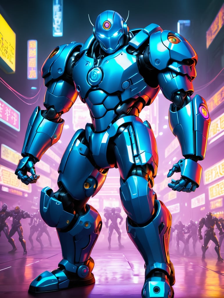 Isometric cyberpunk fighting robot, manga style,
