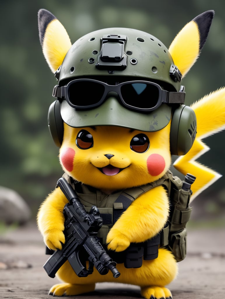 Smiling cute pikachu in tactical attire, with kalachnikov and night vision helmet