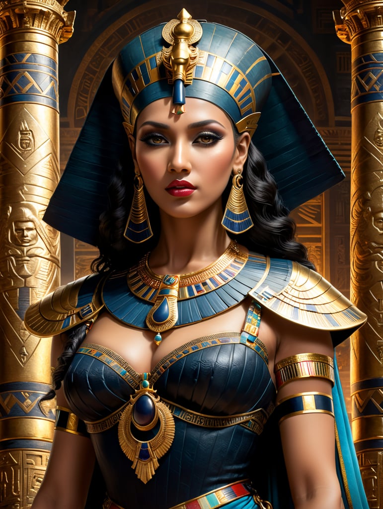 Experience the beauty and power of Cleopatra, the legendary queen of Egypt. Imagine her in a lavish royal outfit, with hints of Greek influence and symbols of her multilingual prowess. Let the image come to life with detailed renderings of her surroundings, from the grand palace to the exotic languages written on scrolls."