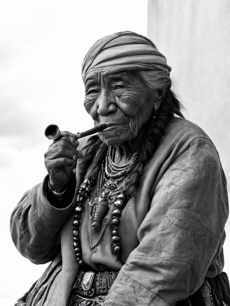 Canada's First Nations people, rare historical photo, black and white photography, a old woman smoking a pipe, redskin, native Americans