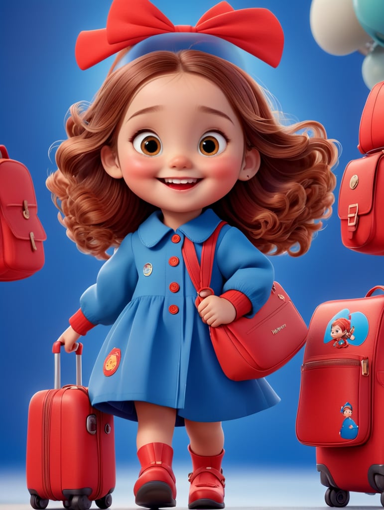 photo happy little girl going to travel, cute girl, dressed in all red, blue background, harpers bizarre, cover, headshot, hyper realistic