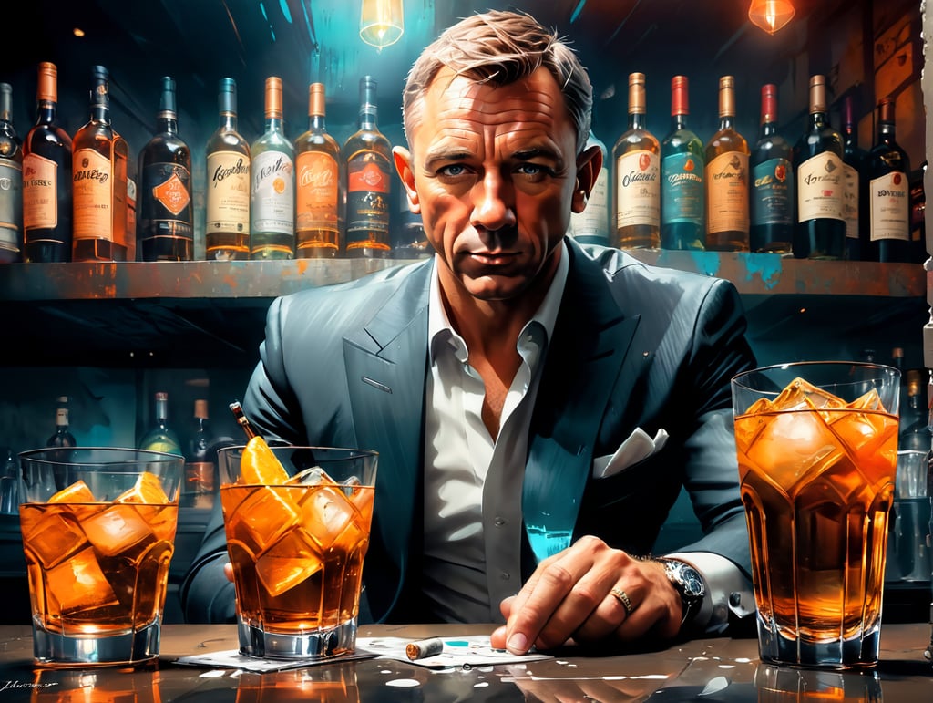 James Bond down on his luck drinking scotch in a sleazy bar