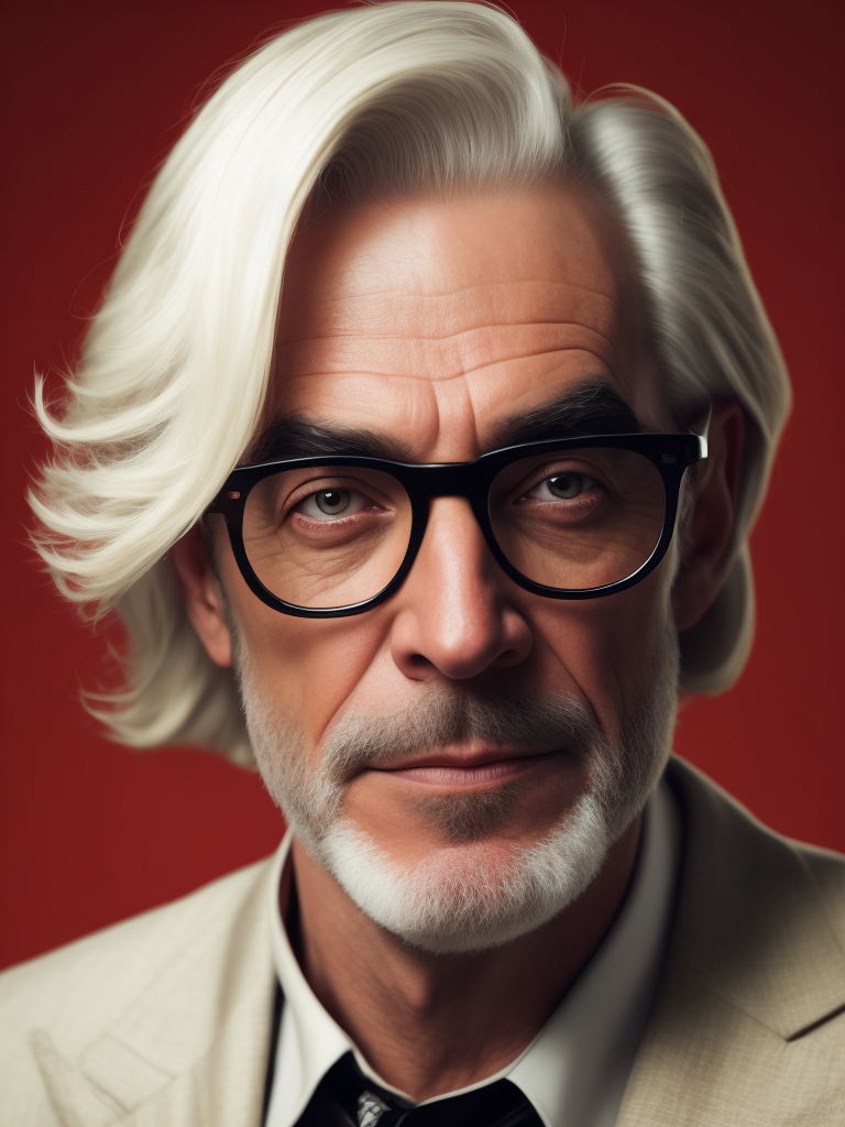 Portrait of an American man in a light suit with white hair wearing glasses with black thick rims, portrait in the style of advertising 50s, red background, sharp focus, highly detailed, vintage advertising, retro style