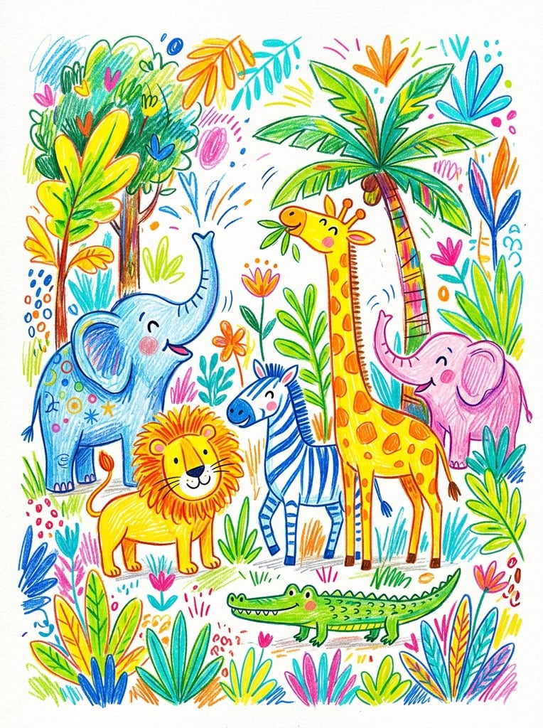 vibrant child-like colored pencil illustration of whimsical jungle animals, blue elephant with raised trunk, yellow lion with orange mane, blue striped zebra, yellow giraffe, pink elephant, small green crocodile, stylized colorful foliage, palm tree, energetic scribbles on white background, naive art style, expressive sketching, bright colorful strokes