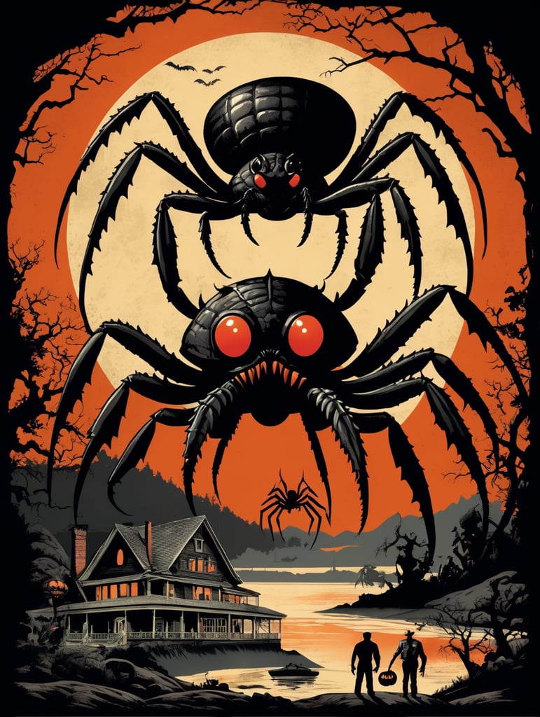1950's b-movie horror halloween t-shirt print design featuring a giant crab and black widow spider