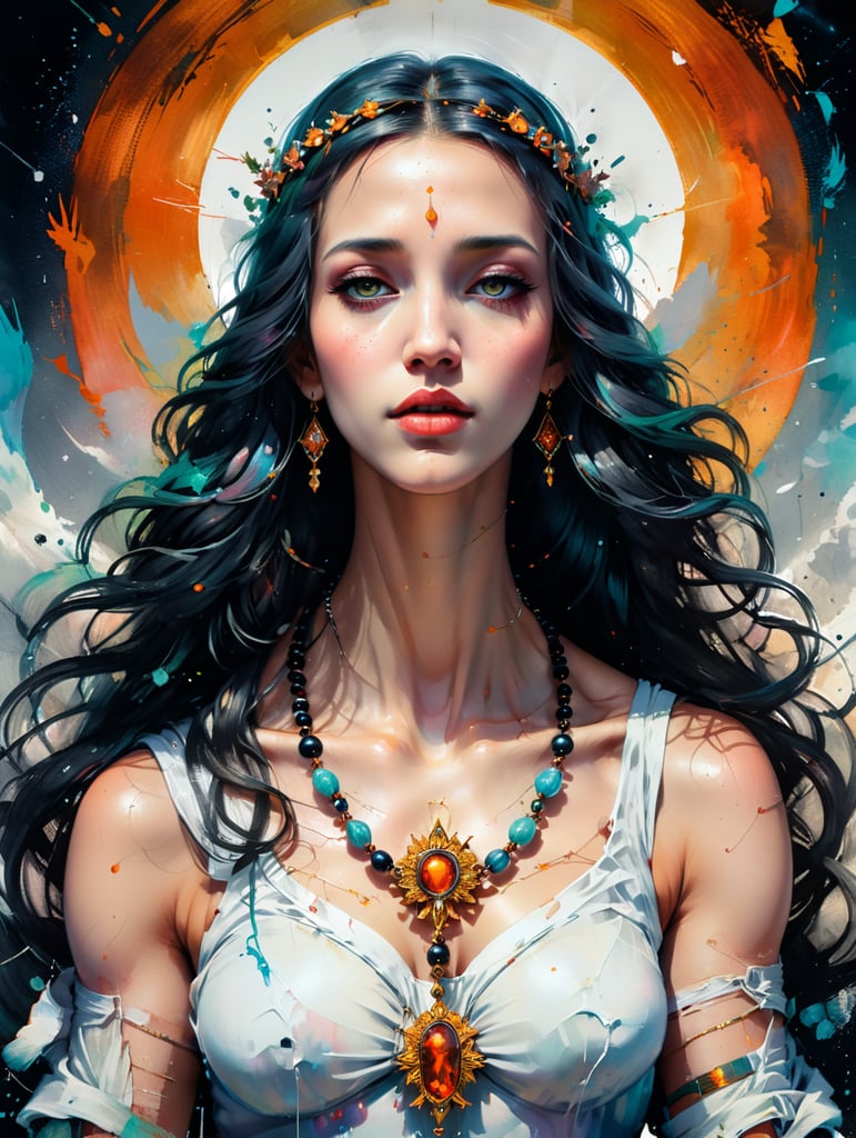 virgin mary holding a roseary necklace in the sky, black and white