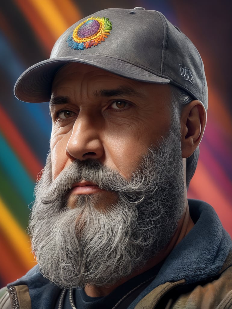 Man med stort grått skägg och grå baseball keps med färgglad bakgrund