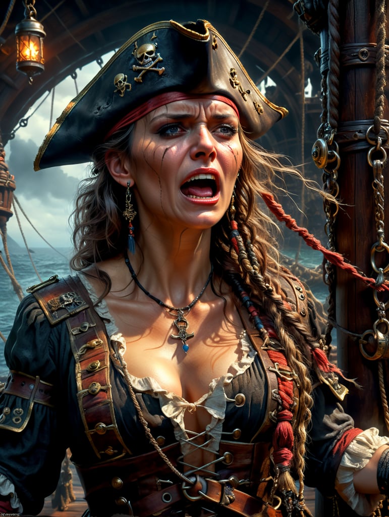 A beautiful pirate captain held captive, her hand tied up and she is crying in fear