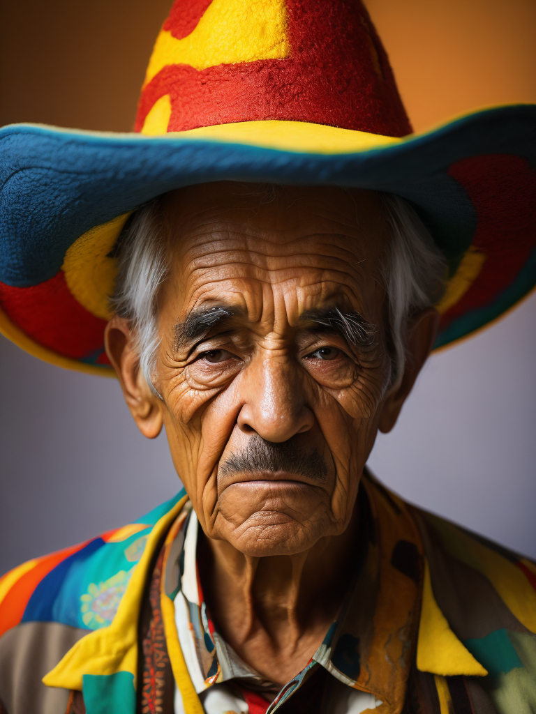 Portrait of a wrinkled colorful Mexican in a sambrero, an elderly man, a multi-colored shirt, a criminal, an evil face