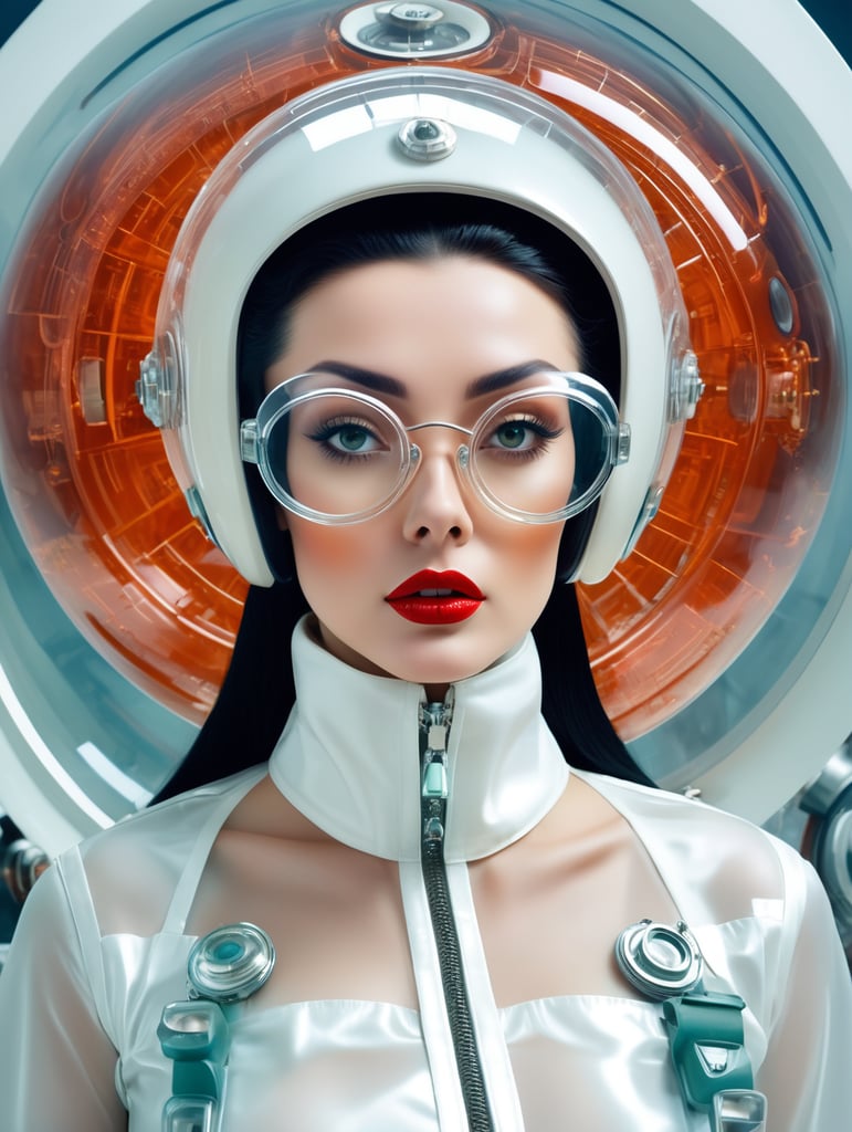 Photography in a vintage sci fi transparent space ship, 60's gorgeous nurse woman in a glossy satin white coat, wearing a large transparent plexiglass mickey mouse helmet glasses, 80 degree view, art by sergio lopez, natalie shau, james jean and salvador dali