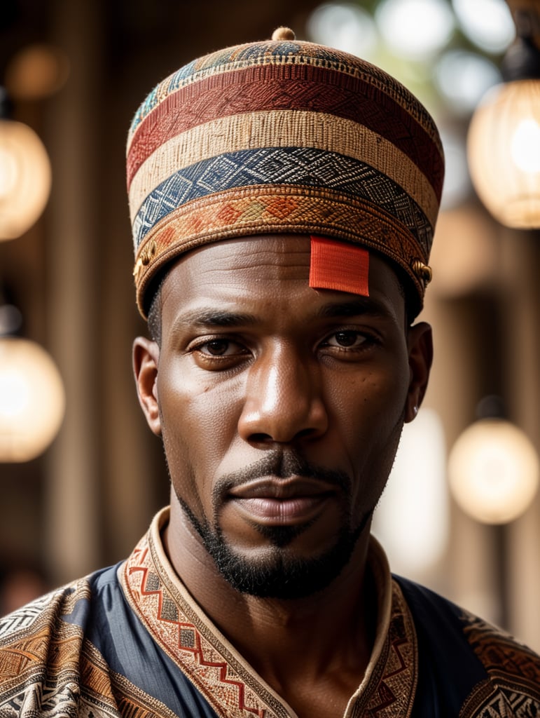 An african man wearing a fez hat made from hand-woven African patterns