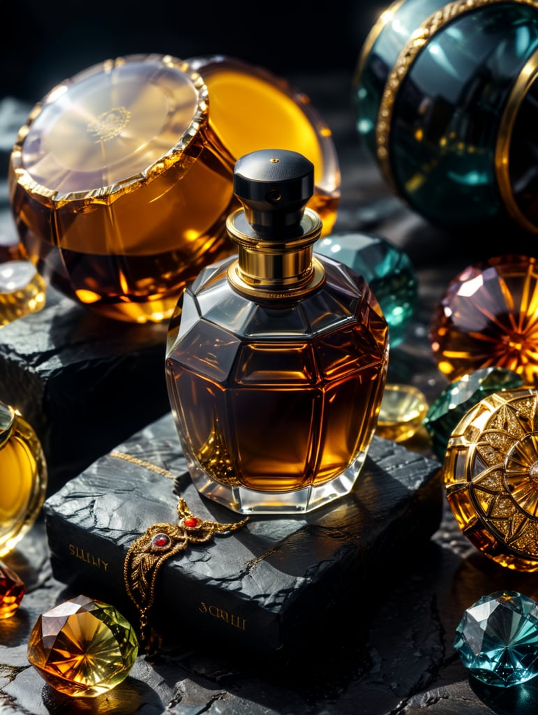 professional photography of a luxury perfume, surrounding an amber gems, yellow satin scarf background, no label, clear, mockup