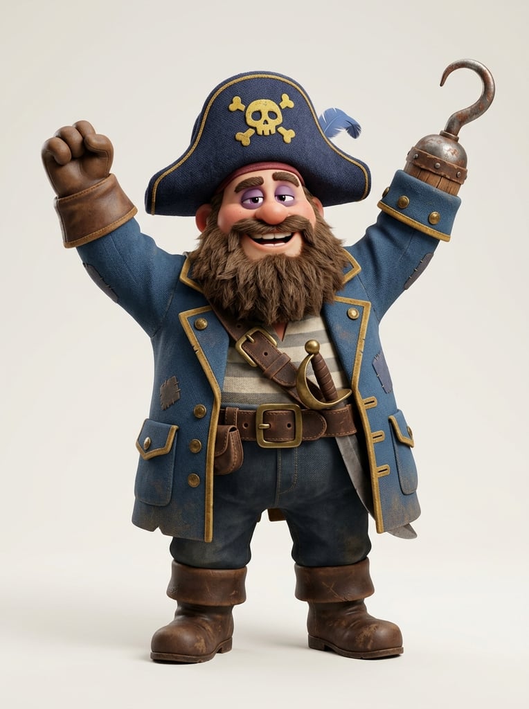 Stylized 3D render of a stout, pill-shaped pirate character with raised arms on a plain background. He wears a blue coat, brown boots, and a blue bicorne hat with a yellow skull. Features include a thick brown beard, heavy purple eyelids, and a hook for a right hand. Soft studio lighting illuminates the smooth matte textures.