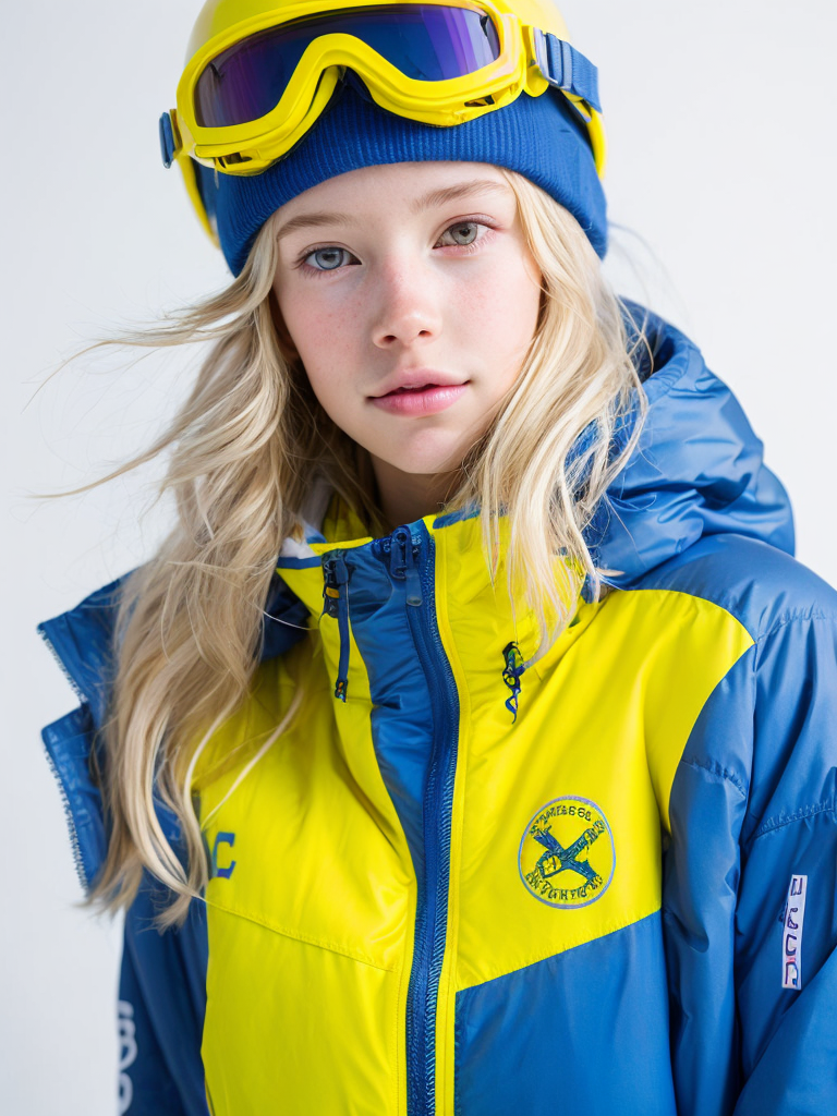portrait of a girl in a yellow sport hat and colorful goggles for snowboarding, blue jacket, blond hair, white background