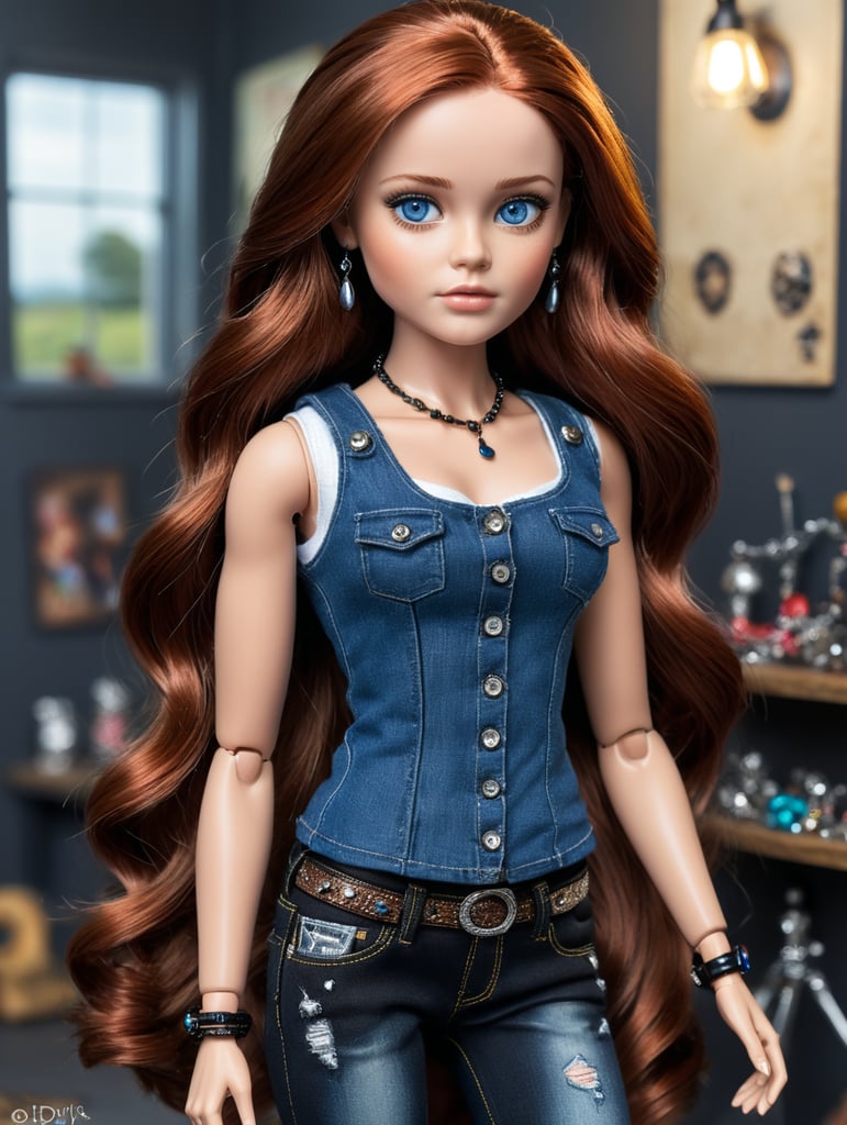 This is Katie, she had brown auburn hair and blue eyes she wears dark wash jeans with a black studded tank and lots of silver jewelry. Make Katie a Blythe Doll with a Blythe doll box.