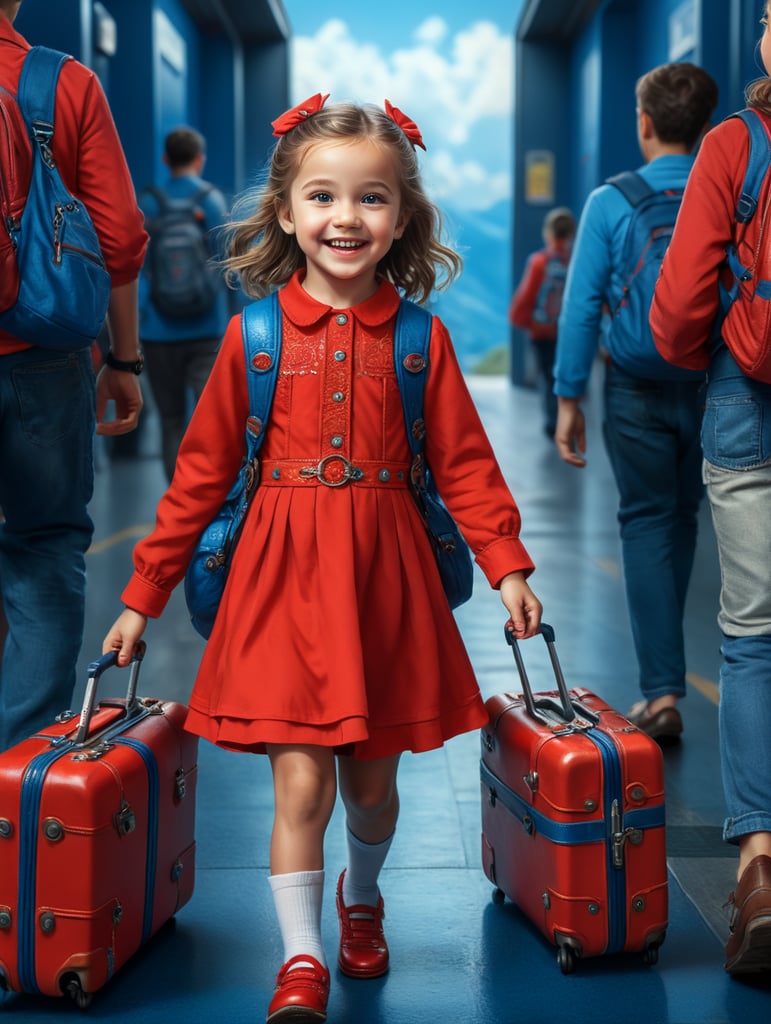 photo happy little girl going to travel, cute girl, dressed in all red, blue background, harpers bizarre, cover, headshot, hyper realistic