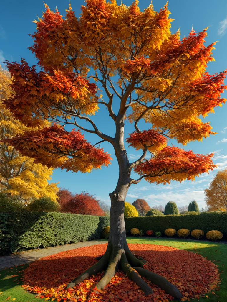 very small hornbeam tree, with autumn coloured leaves, red, orange, brown, yellow. In a small English garden with a light blue sky, son shining