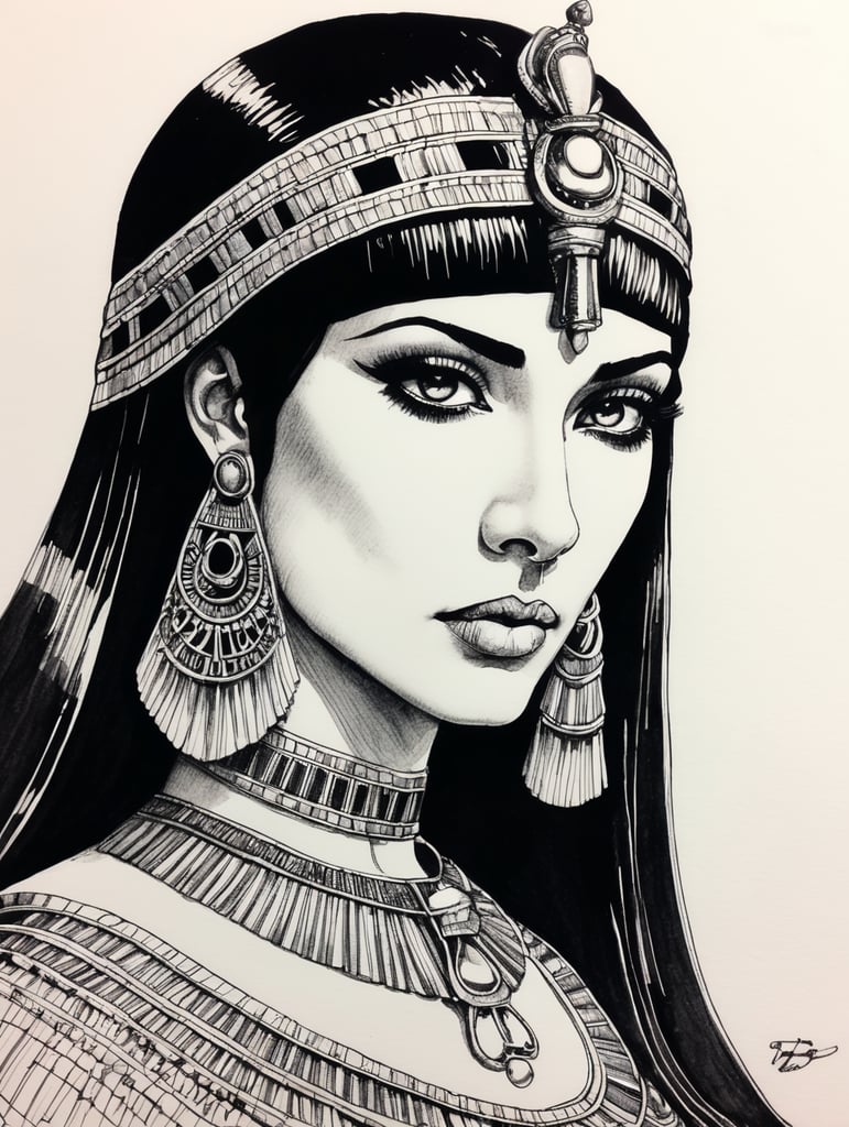 Cleopatra, Ink pen sketch, low light, low detail,