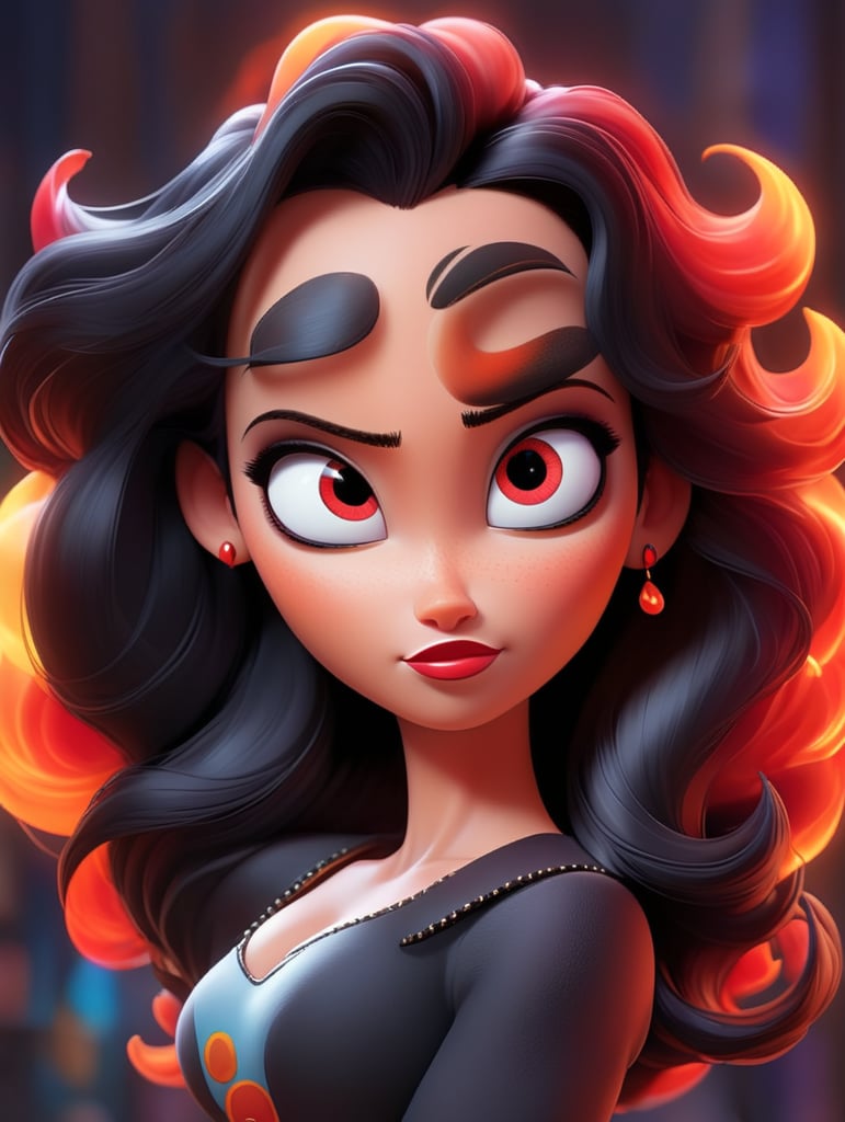 Hot female with red eyes, black hair and built body