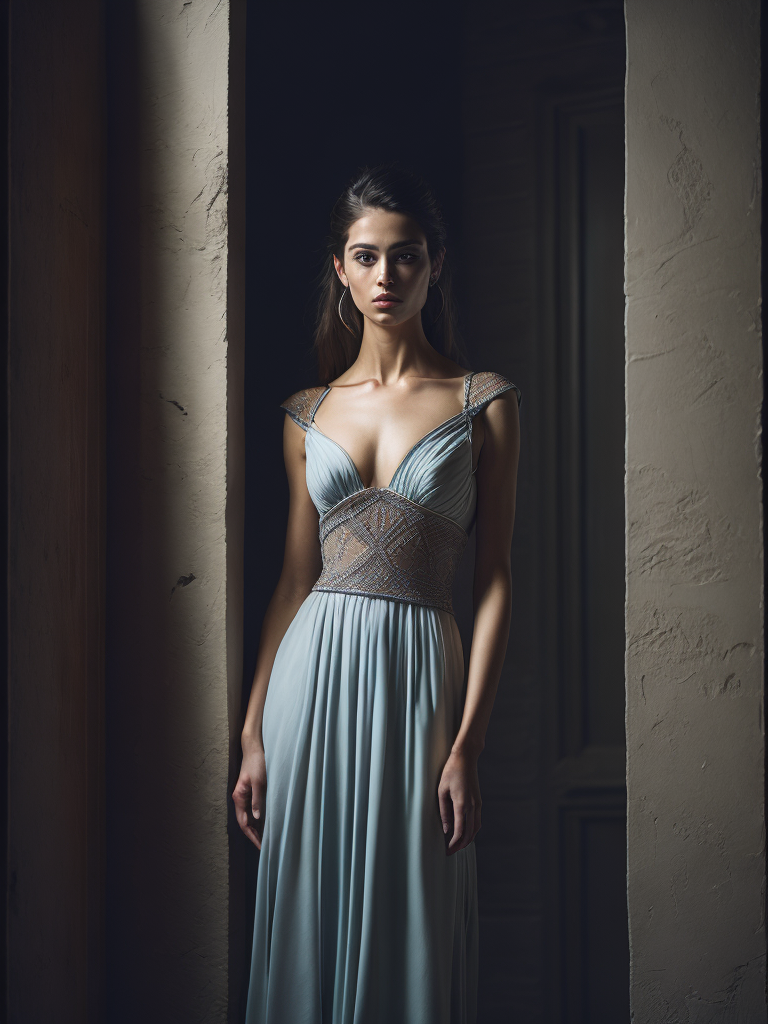 A gorgeous greek female photo, professionally retouched, muted colors, soft lighting, realistic, smooth face, full body shot, torso, dress, perfect eyes, sharp focus on eyes, high definition, insanely detailed, intricate, elegant