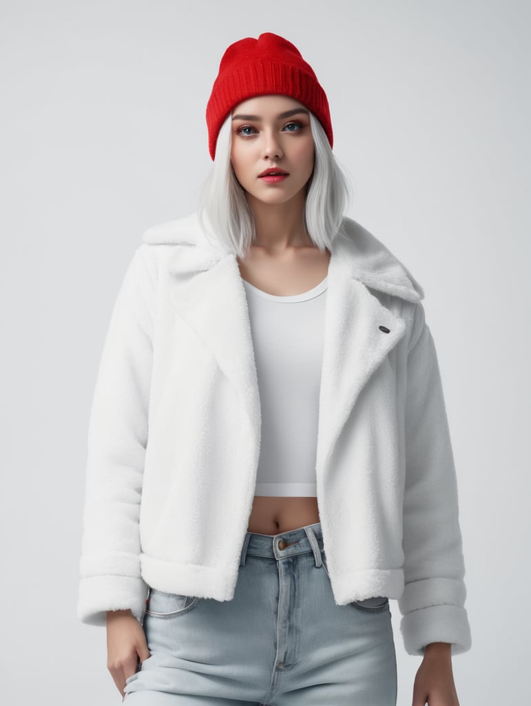 a young women with white hair and red hat on his head is wearing a white lacket, isolated, white background