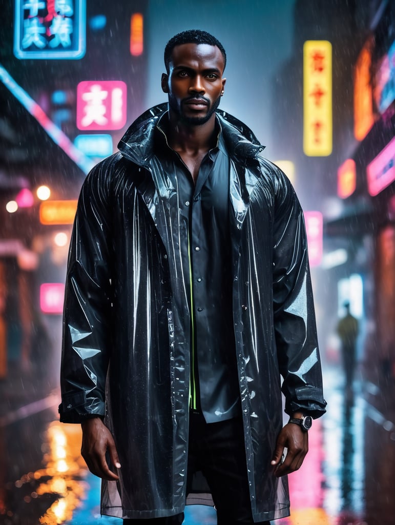 Portrait of A super model black African man wearing translucent raincoat, standing on a street under the heaviest rain, neon cyber city, dark night, neon signs,