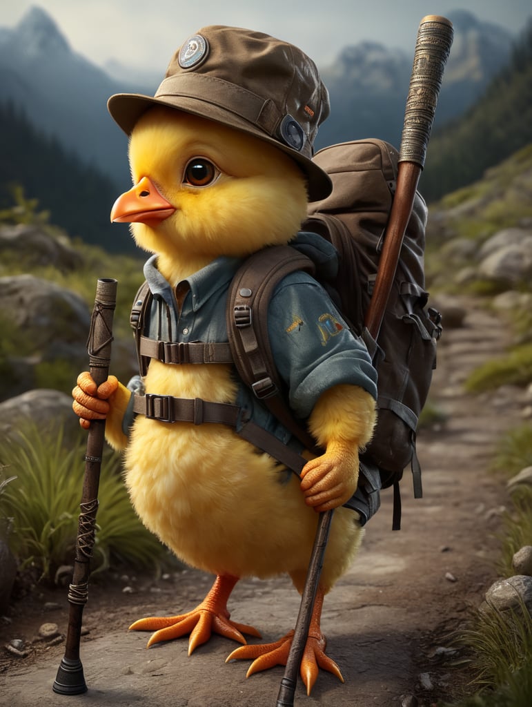 Cartoon baby chick, Hiker, walking stick, hat, boots, gloves, backpack