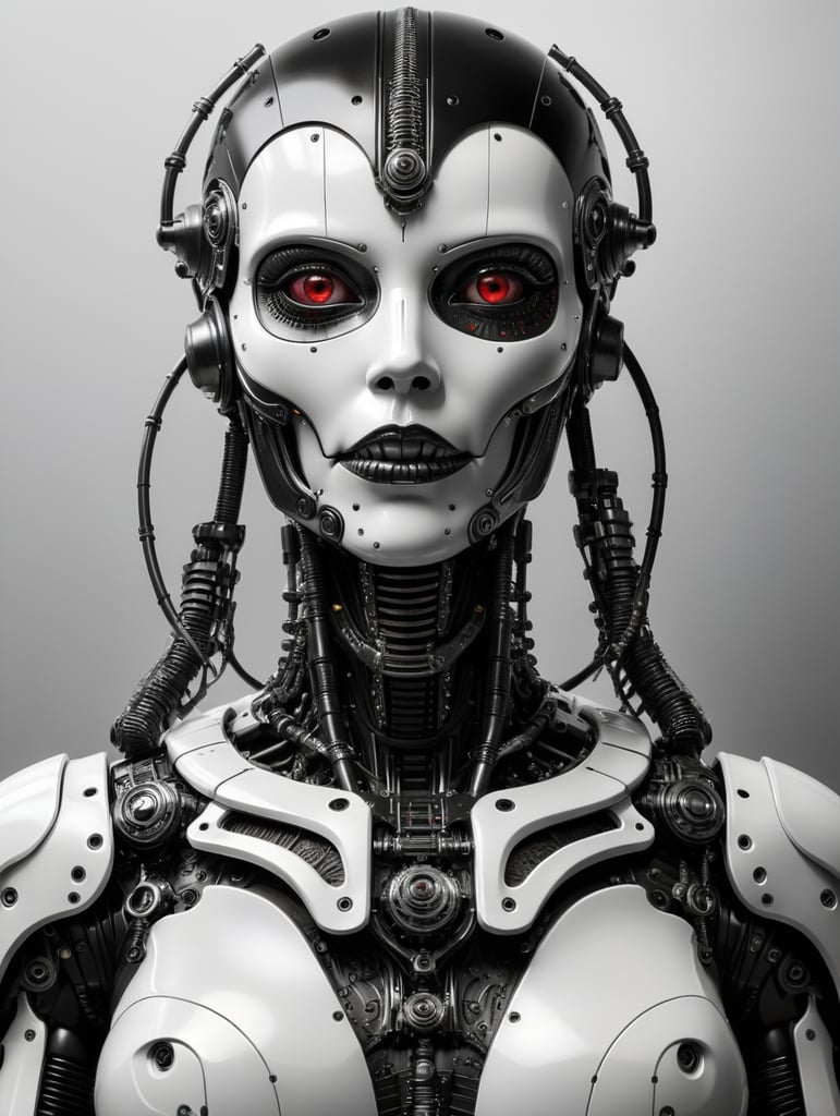 Female robot, Giger style, black and white, high contrast, metal face, many details, slim, stylized body