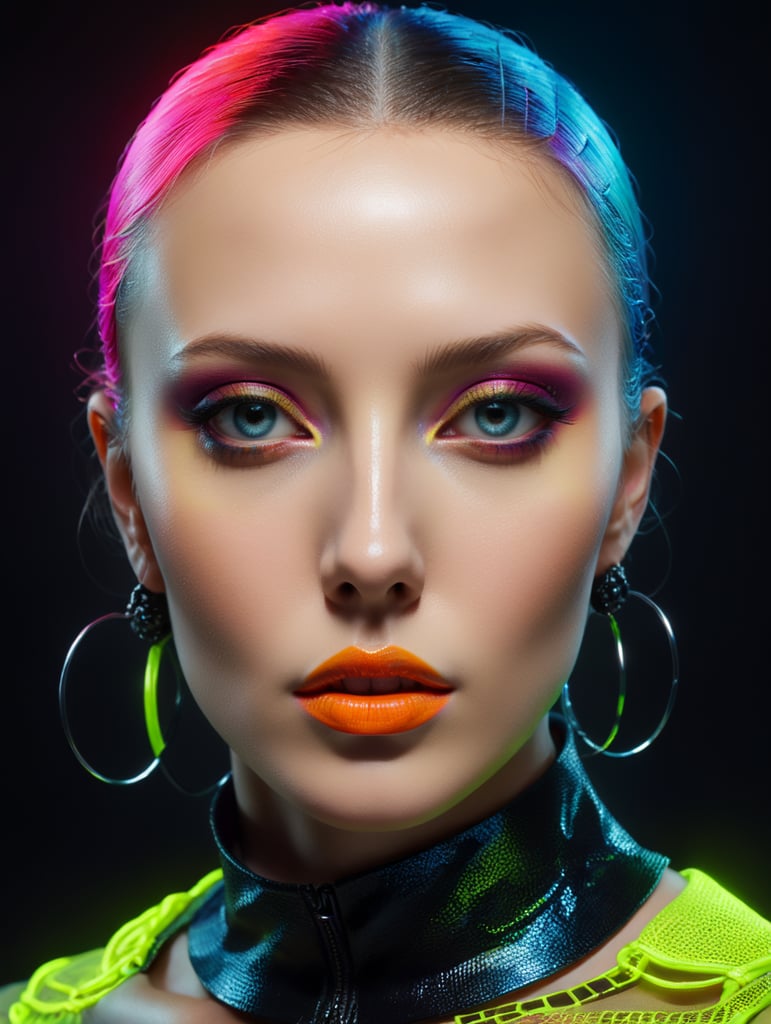 editorial fashion portrait, perfect face, masterpiece, neon colors, style laurie simmons, minimal figures