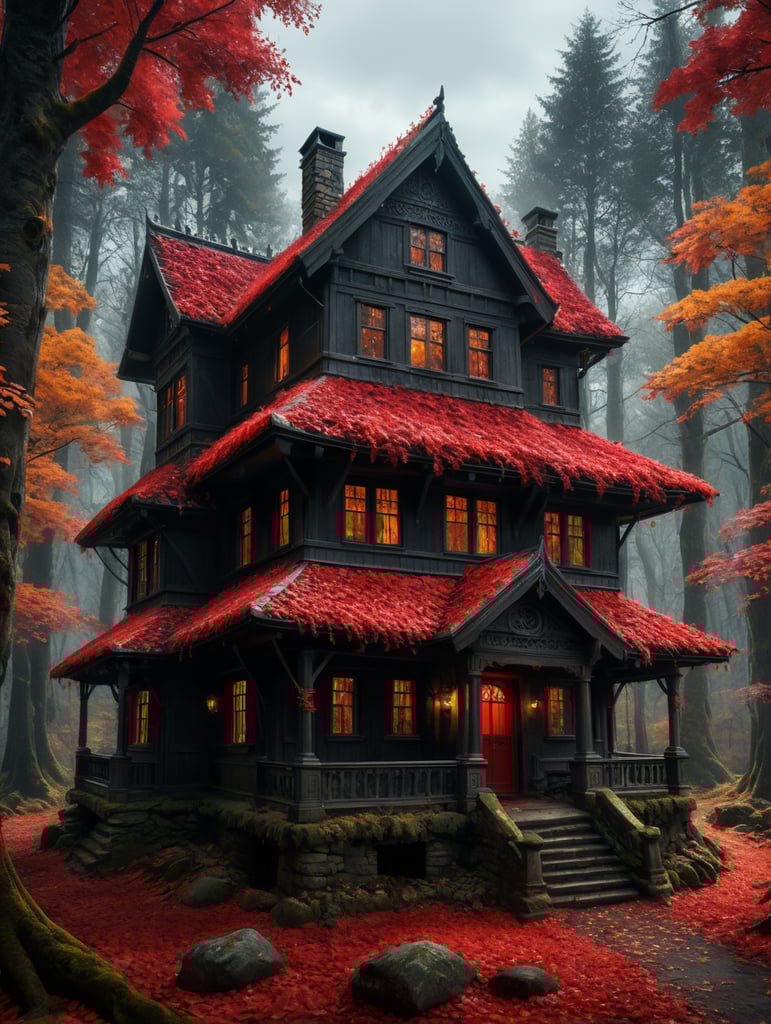 Atumn forest small wich house red leafs on the trees