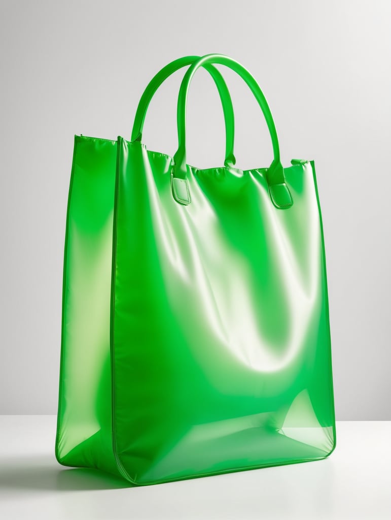 Inflatable vibrant green minimalist women's bag, transparent, isolated, grey background, mockup