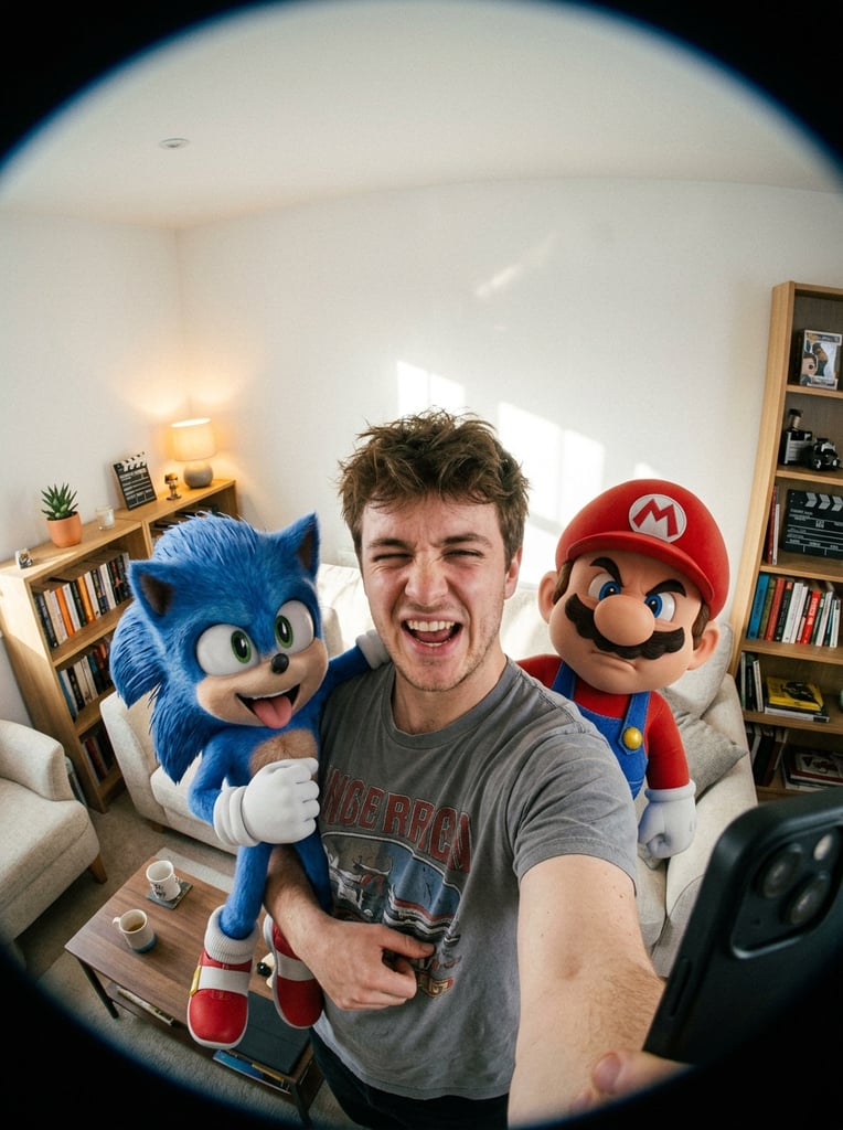 Ultra-realistic 9:16 vertical format fisheye selfie of young man with (Sonic, Mario). We're all making silly, exaggerated faces. Set in a small, bright living room with white tones. High camera angle. Extreme fisheye distortion. Realistic, cinematic lighting, anime characters integrated with stylized realism.