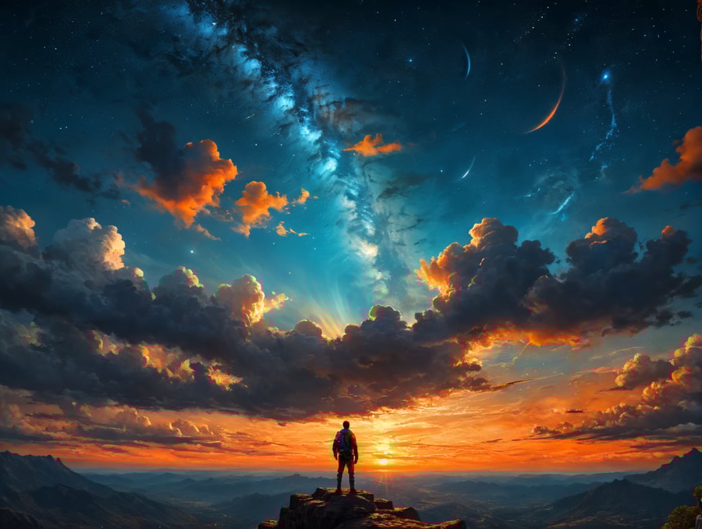 person looking at the magical orange blue sky with stars