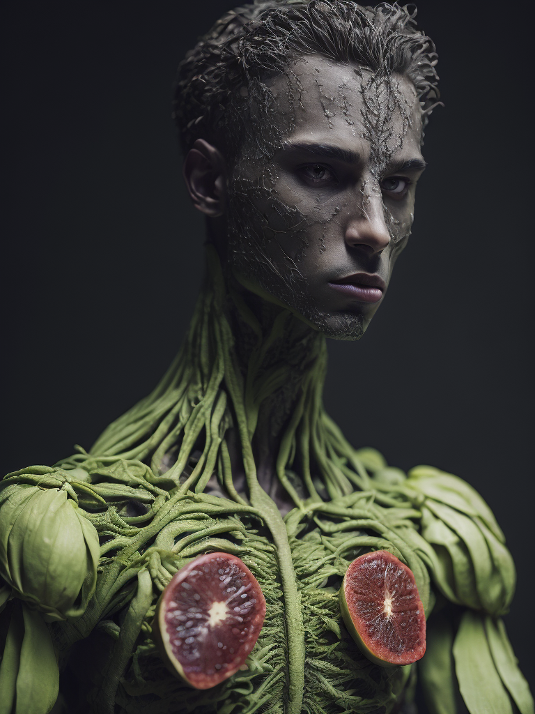 Abstract male humanoid made out of a fruits