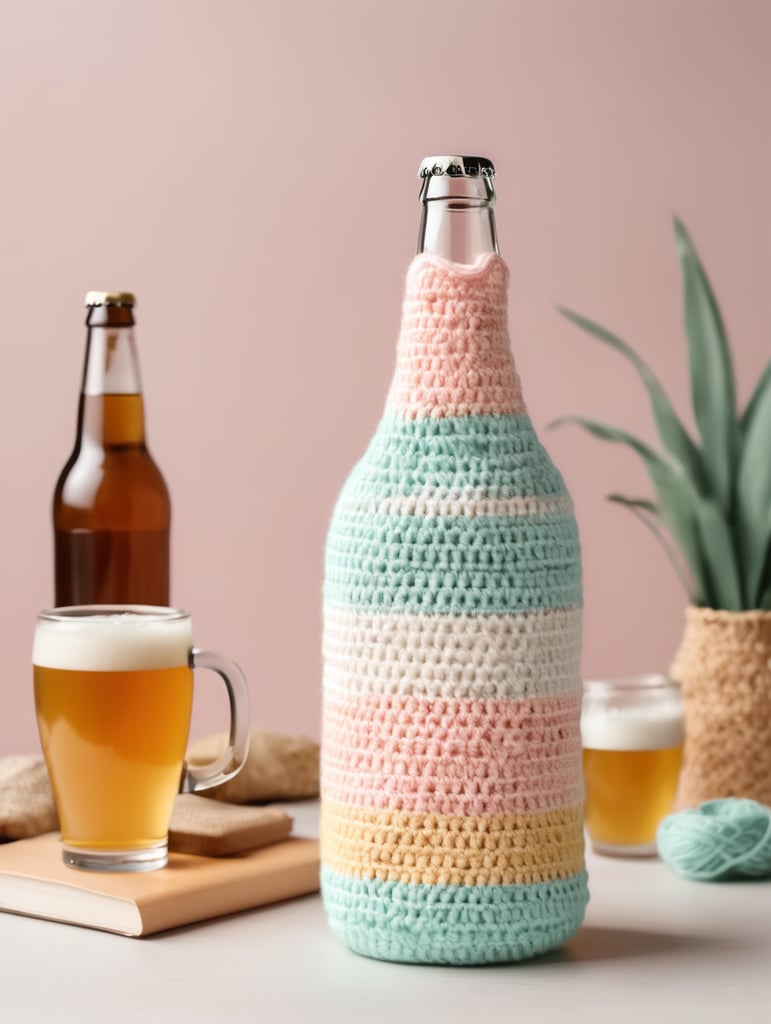 crochet beer bottle cute pastel colours, mockup, mock up